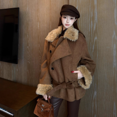 批发复古咖色毛领拼接毛呢外套<b class='q'>女</b>短款呢子外套<b class='q'>女</b>2025新款冬季保暖上衣