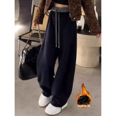 批发黑色弯刀阔腿裤<b class='q'>女</b>秋冬新款大码胖mm梨型身材高腰显瘦加绒运动卫裤