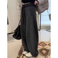 批发欧货条纹加绒直筒阔腿裤<b class='q'>女</b>2025秋冬新款高腰宽松显瘦拖地裤长裤潮