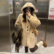 批发羊羔连帽加厚大衣皮毛皮草中长款宽松2025韩系新款外套毛毛