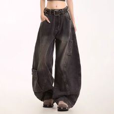 批发日系淘潮复古水洗做旧弯刀<b class='q'>牛仔裤</b>男<b class='q'>女生</b>宽松直筒休闲阔腿拖地裤潮