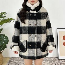 批发格子毛呢外套<b class='q'>女</b>冬季2025新款韩系复古拼接羊羔毛领夹棉加厚呢大衣