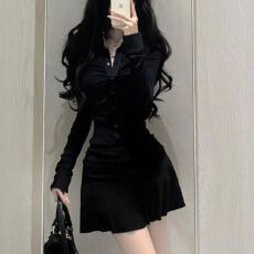 批发美式Polo领黑色长袖连衣<b class='q'>裙</b>纯欲辣妹褶皱运动<b class='q'>修身</b>收腰显瘦短<b class='q'>裙</b><b class='q'>裙</b>子