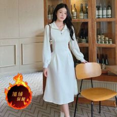 批发心领口拉链加绒连衣裙秋冬新款女温柔风内搭配大衣内搭中长裙子