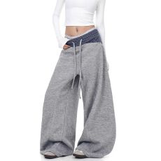 批发美式新风格复古格子拼接抽绳弯刀卫裤<b class='q'>男</b>女春秋休闲宽松慵懒阔腿裤