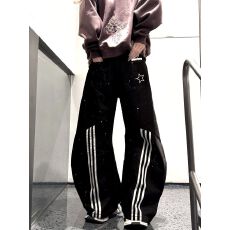 批发<b class='q'>韩版</b>新风格宽松泼墨三条杠设计感弯刀牛仔裤男女春原牛色阔脚裤子