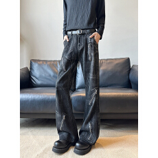 拉链装饰水洗阔腿工装牛仔裤男潮牌vibe痞帅直筒垂感微喇拖地长裤
