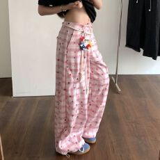 批发(带公仔)撞色格子拼接<b class='q'>长裤</b>休闲舒适百搭美式复古弯刀裤休闲裤