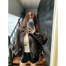 批发kumikumi美式复古PU皮翻领长袖外套女装早<b class='q'>春</b>别致宽松显瘦夹克上衣