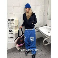 批发美式蓝色数字印花阔腿裤女<b class='q'>冬</b>松紧腰宽松卫裤慵懒百搭休闲裤情