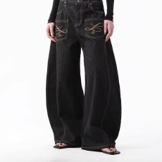 批发反穿解构复古深蓝设计感弯刀<b class='q'>牛仔</b>裤男女街头痞帅宽松阔腿拖地长裤