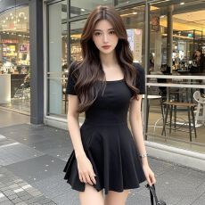 批发气质御姐风黑色方领短袖连衣裙女2026新款小个子收腰显瘦A字短裙