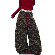 批发美式覆古字母烫钻抽绳弯刀迷彩裤<b class='q'>男</b>女撞色宽松阔腿裤潮