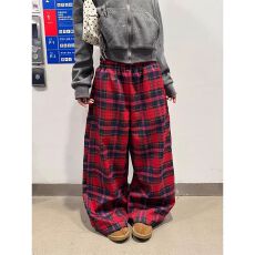 批发美式新风格复古拼色红格抽绳阔腿休闲裤<b class='q'>男</b>女宽松百搭潮流拖地长裤