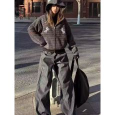 批发高质量380g】红星独角兽刺绣拉链连帽卫衣女春<b class='q'>秋</b>条纹休闲短宽外套