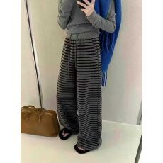 批发立体腰头-韩系慵懒风抽绳松紧腰条纹休闲阔腿裤新款百搭拖地<b class='q'>长裤</b>