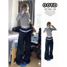 批发设计感假两件休闲裤女拼接复古宽松韩系ins时髦显瘦直筒阔腿<b class='q'>长裤</b>