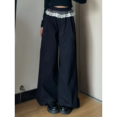 批发韩系少女<b class='q'>格子</b>蕾丝花边黑色<b class='q'>西装</b>休闲裤复古高腰宽松百搭阔腿拖地裤