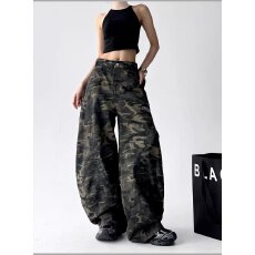 批发美式复古迷彩工装裤女装夏季新款高腰宽松阔腿直筒休闲拖地<b class='q'>长裤</b>子