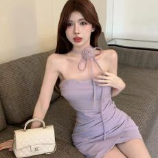 批发法式复古花朵抹胸长裙性感一字领露肩修身显瘦包臀<b class='q'>连衣裙</b>夏季新款