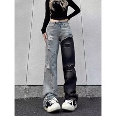 批发欧美vibe裤子美式高街男女复古拼接破洞<b class='q'>牛仔裤</b>修身微喇双色鸳鸯裤