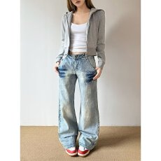 批发美式街头水洗做旧<b class='q'>牛仔裤</b>男女春秋直筒宽松欧美高街vibe风长裤子