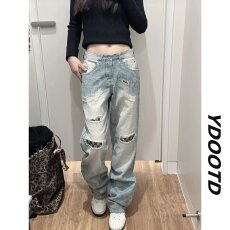批发美式高街休闲复古做旧破洞补丁<b class='q'>牛仔裤</b>男女直筒宽松重磅涂鸦印花裤