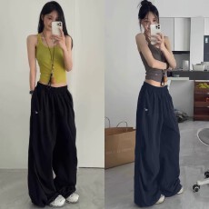 批发美式复古运动<b class='q'>裤</b>女春夏薄款高腰显瘦宽松直筒小个子速干工装阔腿<b class='q'>裤</b>