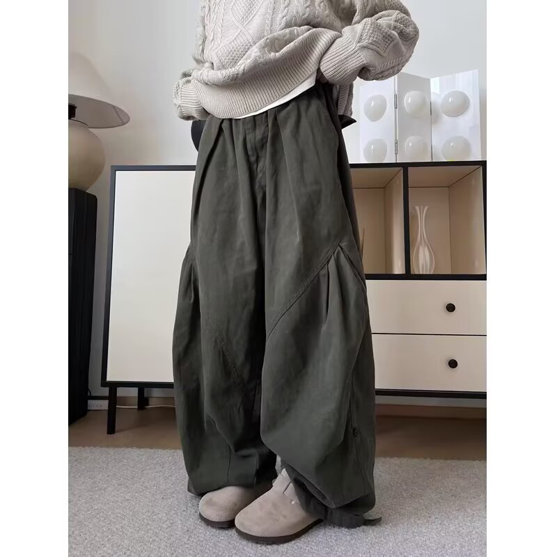 새로운 봄 가을 일본식 레트로 캐주얼 바지 남녀 같은 단락 프로필 모양 루즈핏 주름 허리밴드 다용도 워크웨어 팬츠