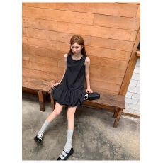 批发韩系白色无袖背心连衣<b class='q'>裙</b>女夏季温柔风气质<b class='q'>裙</b>子小个子宽松<b class='q'>花苞</b>短<b class='q'>裙</b>