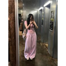 批发美式辣妹浅粉色高腰阔腿卫裤女2026春夏慵懒宽松休闲百搭拖地长裤