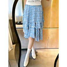 批发有内衬复古蓝色碎花不规则半身<b class='q'>裙</b>女夏新款高腰显瘦拼接荷叶边A字