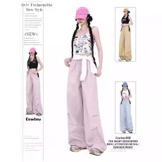 批发美式降落伞工装裤<b class='q'>女</b>新款直筒裤宽松复古刺绣运动裤