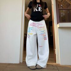 批发彩色字母印花直筒休闲裤<b class='q'>男</b>女宽松阔腿拖地运动百搭长裤