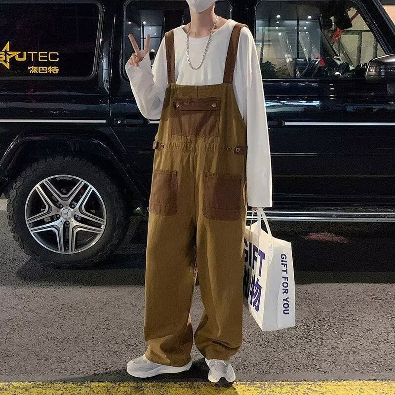 양면 워크웨어 멜빵 바지 캐주얼 워크웨어 팬츠 루즈핏 스트레이트 팬츠 와이드 레그 팬츠 슬립 낫 롱 바지