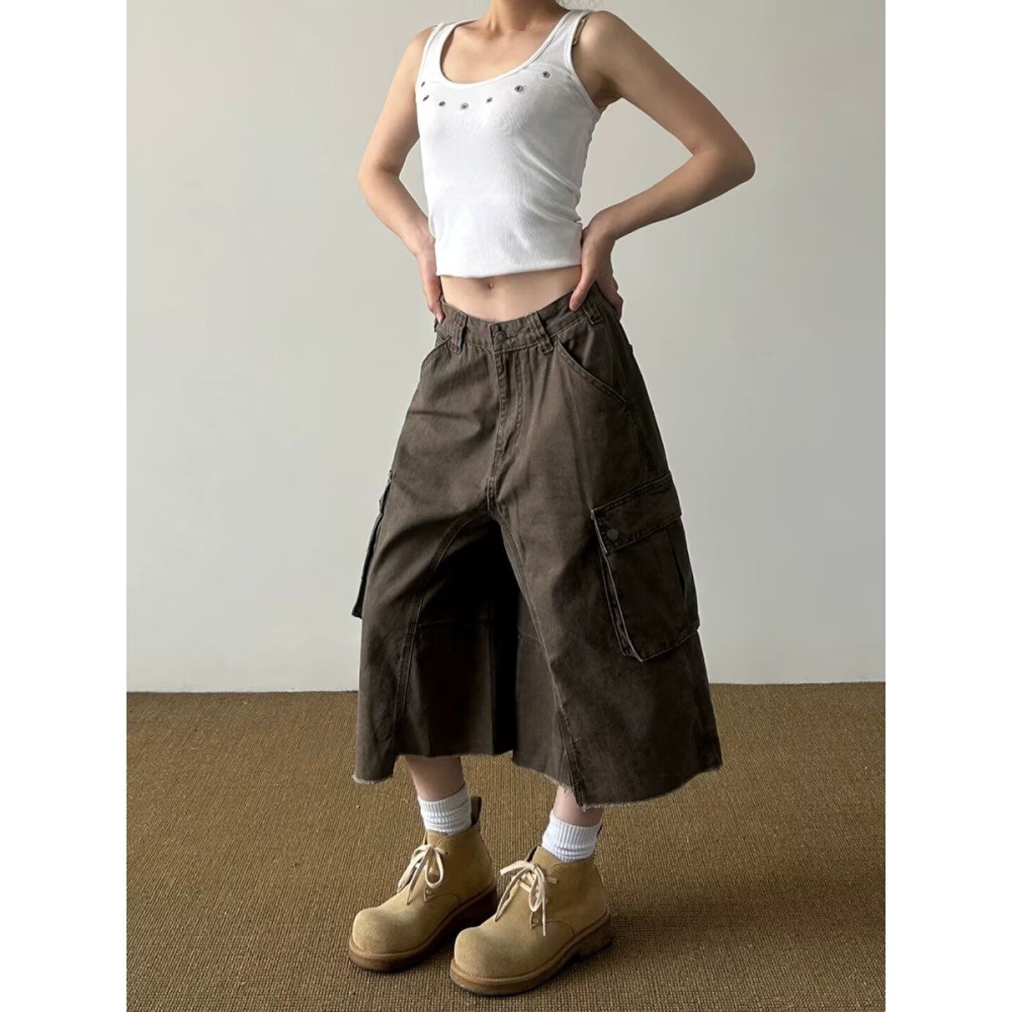 아메리칸 ootd 레트로 거리 워크웨어 반바지 남녀 새로운 조수 브랜드 루즈핏 캐주얼 넓은 다리 디자인 센스 7부 바지