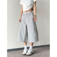 批发美式复古细条纹七分裤女小众设计感阔腿休闲短裤ins潮