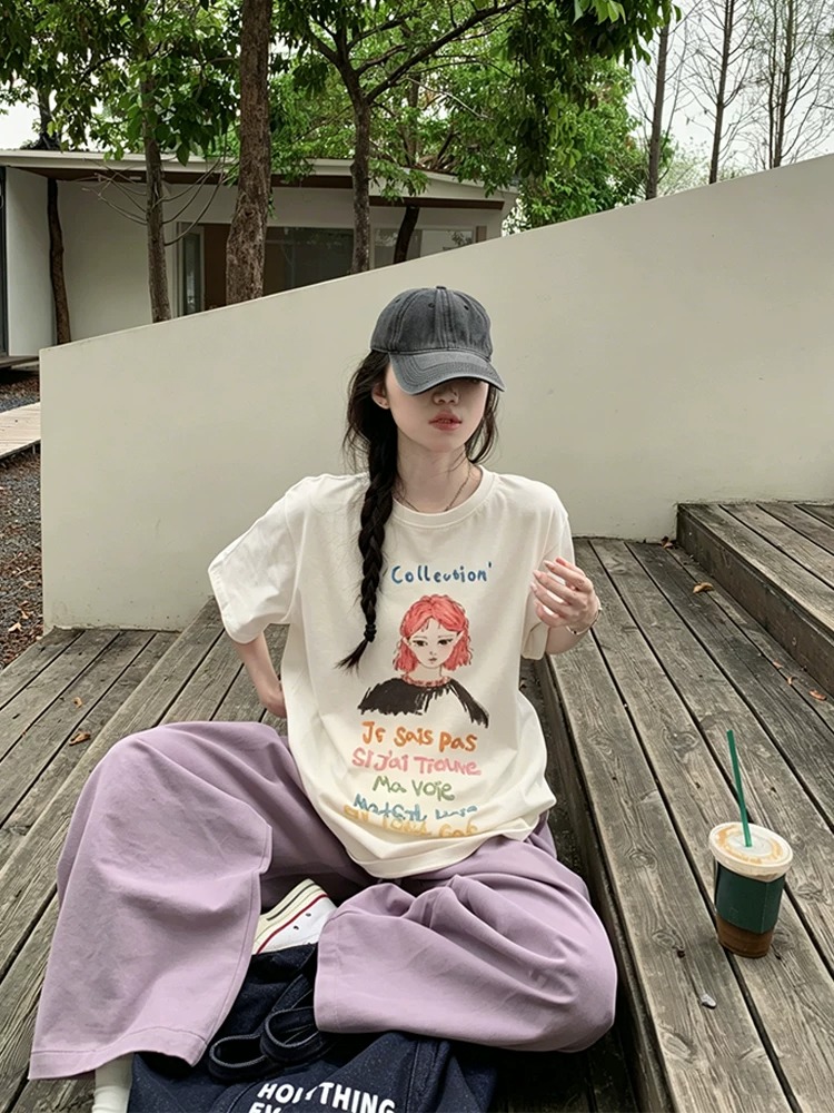 경관 그림 21 순면 210 그램 여름 드레스 한 부서 반팔 티셔츠 여성 한국 스타일 루즈핏 빅 사이즈 프린트