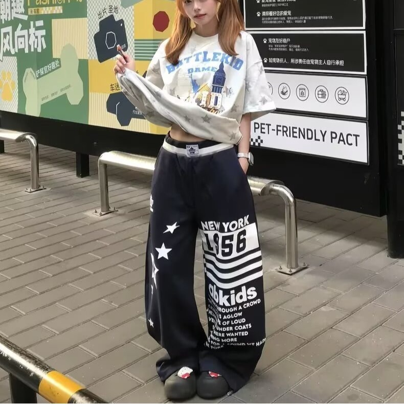 2026 아메리칸 레트로 마 오래된 알파벳 프린트 스트레이트 캐주얼 바지 남녀 루즈핏 넓은 다리 도루 센스 느긋한 긴 바지