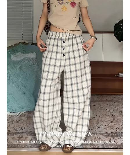 아메리칸 레트로 넓은 다리 캐주얼 바지 여성 여름 체크무늬 단추 느슨함 센스 느긋한 바람 루즈핏 캐주얼 바지