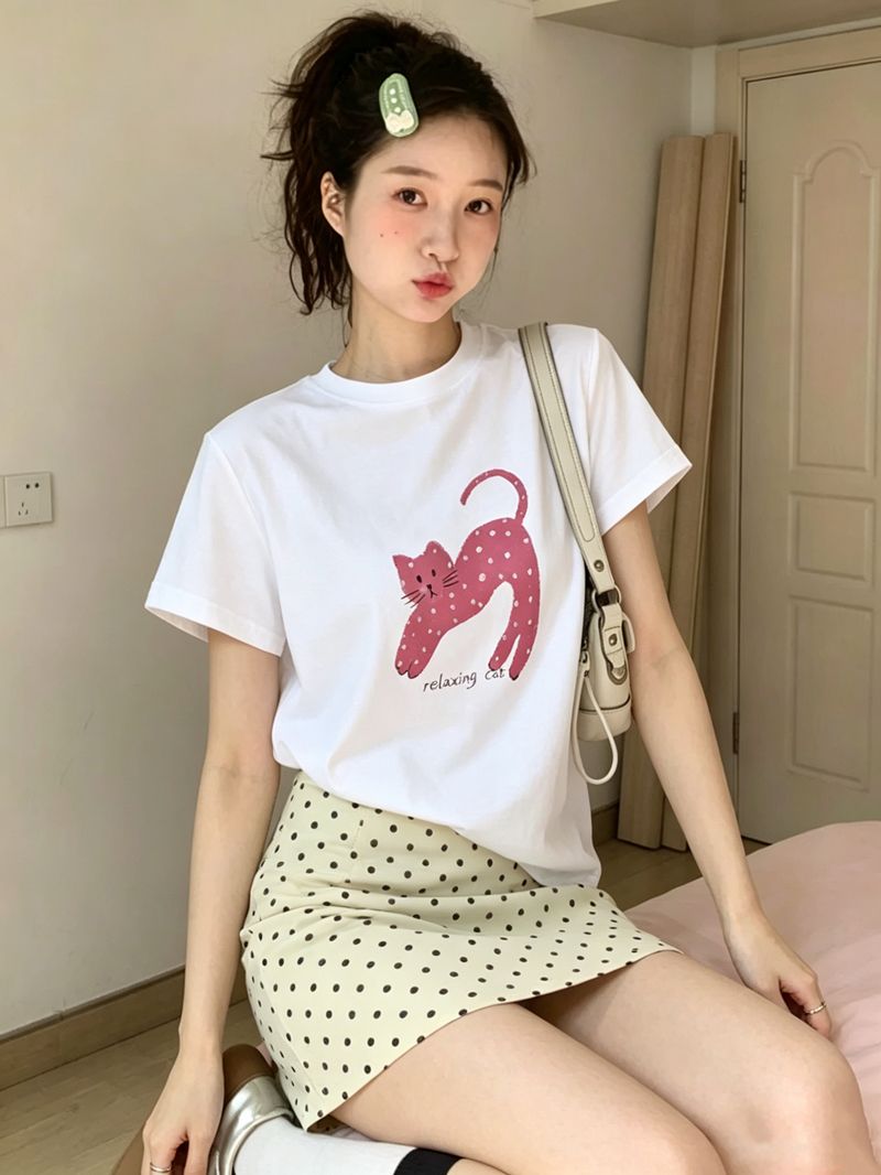 경관 그림 21 순면 210 그램 여름 드레스 반팔 티셔츠 여성 한국 스타일 빅 사이즈 루즈핏