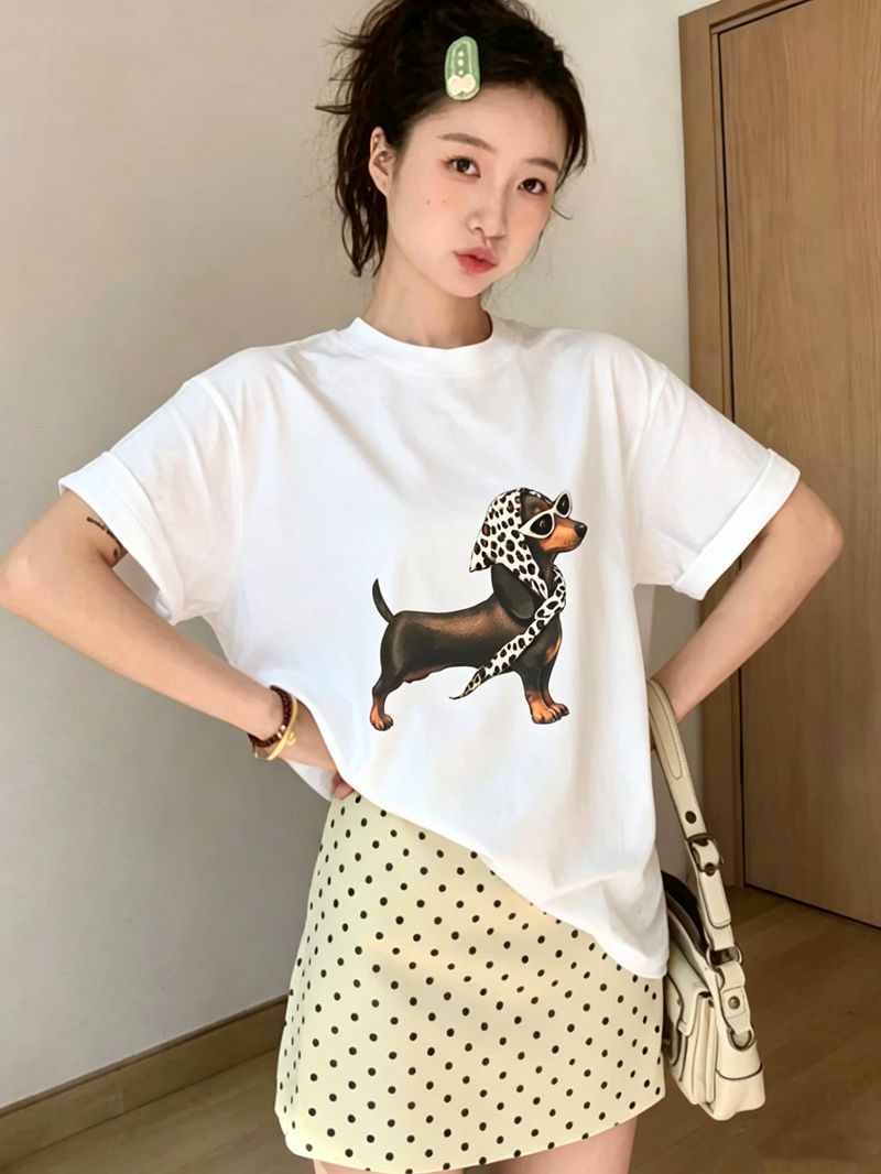경관 그림 21 순면 210 그램 여름 드레스 반팔 티셔츠 여성 한국 스타일 빅 사이즈 루즈핏