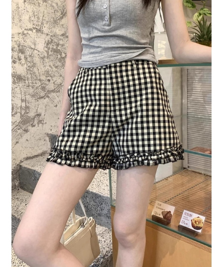 원본 천 복합 슬랙스 한국 스타일 레트로 느긋한 바람 새로운 프릴 체크무늬 캐주얼 바지 여성 의류 여름 새로운 바지