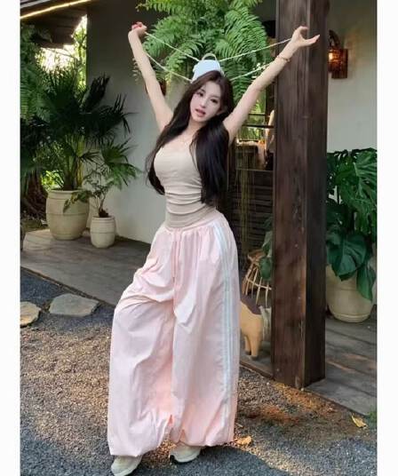 핑크색 스트라이프 와이드 레깅스 바지 여름 작은 대중 디자인 센스 레이스 레이스 패치워크 루즈핏 스트레이트 캐주얼 바지
