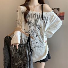 批发<b class='q'>嘻哈</b>美式复古卡通猫咪印花斜肩长袖<b class='q'>T</b><b class='q'>恤</b>女秋季设计感抽绳上衣