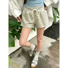 批发原版面料夏季新款<b class='q'>韩版</b>撞色细条纹松紧腰高腰休闲短裤