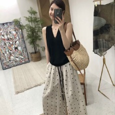 批发<b class='q'>韩版</b>夏季新款薄款波点九分裤直筒阔腿宽松时尚显瘦休闲花边裤子女
