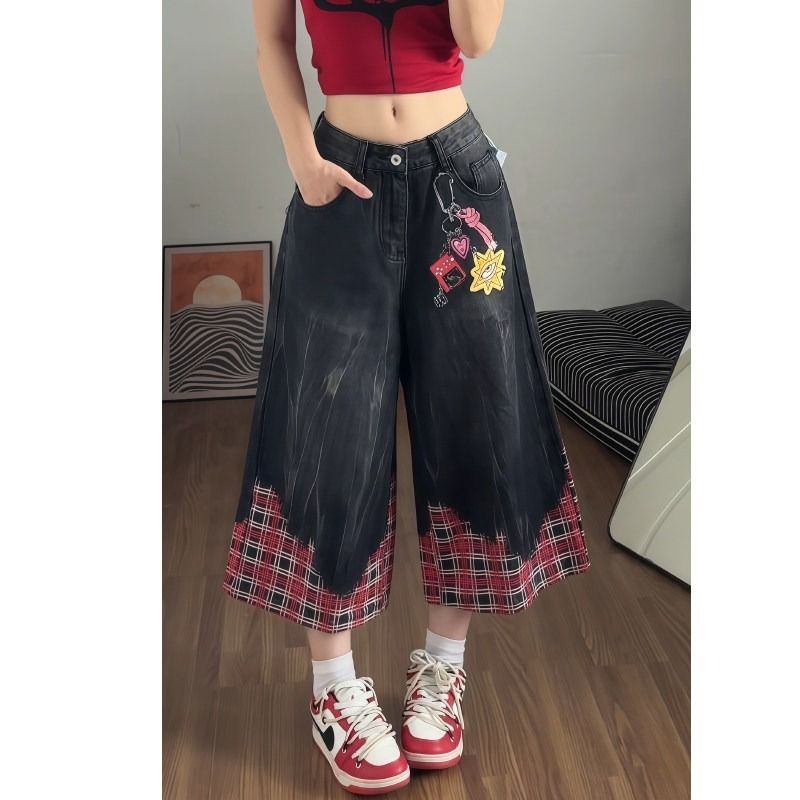 아메리칸 마 오래된 체크무늬 패치워크 7 점 청바지 남녀 여름 디자인 센스 워싱 프린트 넓은 다리가 짧다. 바지