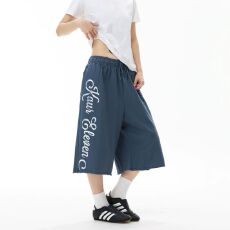 批发美式复古印花散边针织<b class='q'>七分裤</b>男女夏宽松阔腿vintage短裤中裤