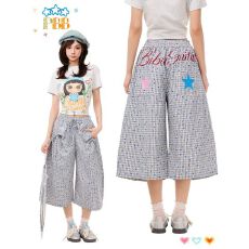 批发美式休闲彩点格子<b class='q'>七分裤</b>女夏季背后星星宽松直筒阔腿大脚阔腿中裤